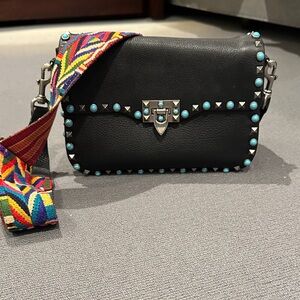 Valentino Blk Leather Guitar Rolling Rockstud  bag w Embroidered  strap